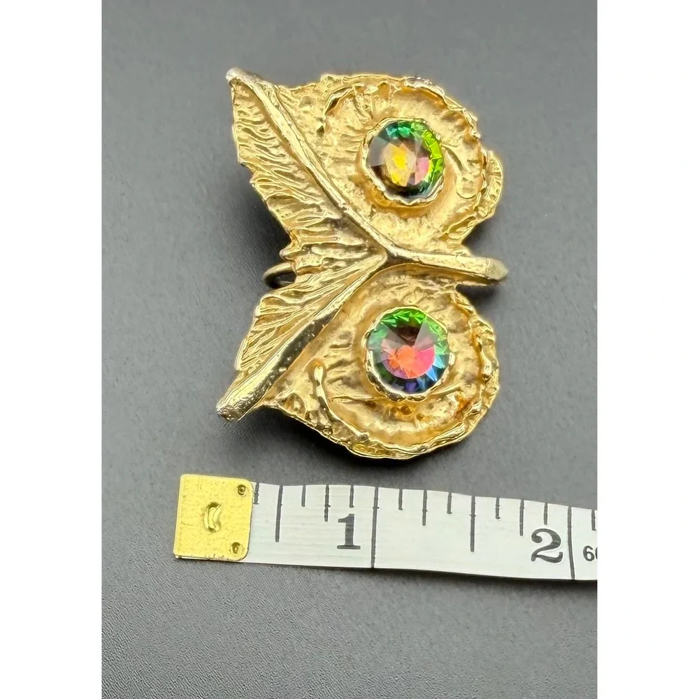 Vintage Owl‎ Face Pendant Gold Tone Aurora Borealis Rhinestone Eyes Craft READ